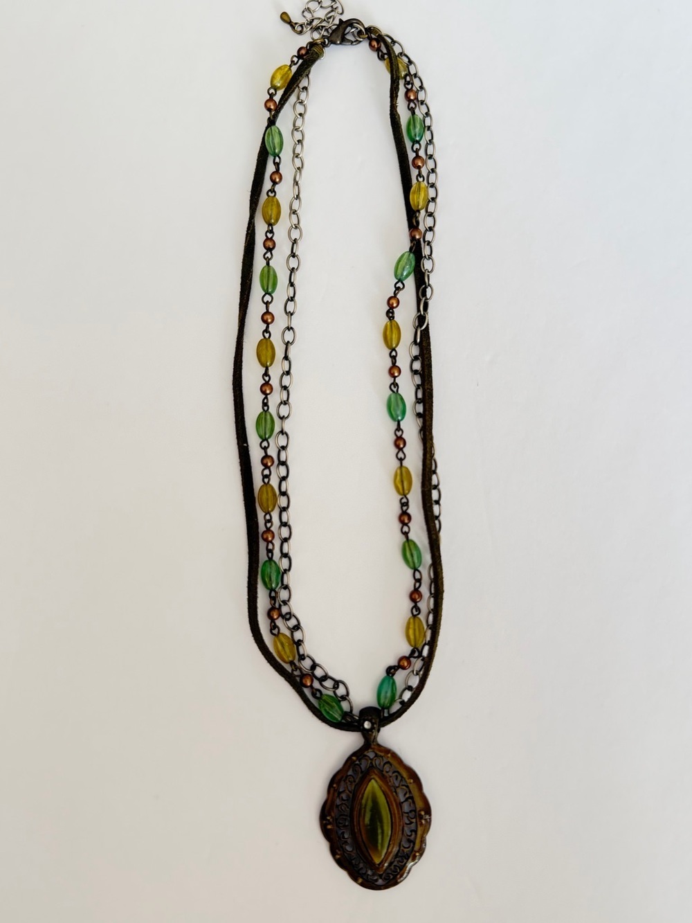 Reformation vintage olive green Multi-Strand Beaded Pendant Necklace y2k
